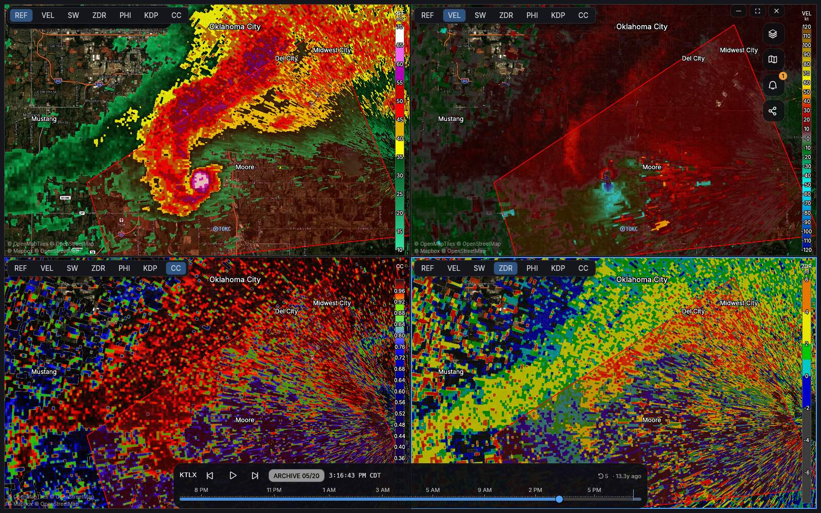 Four radar tilts of the same storm side by side