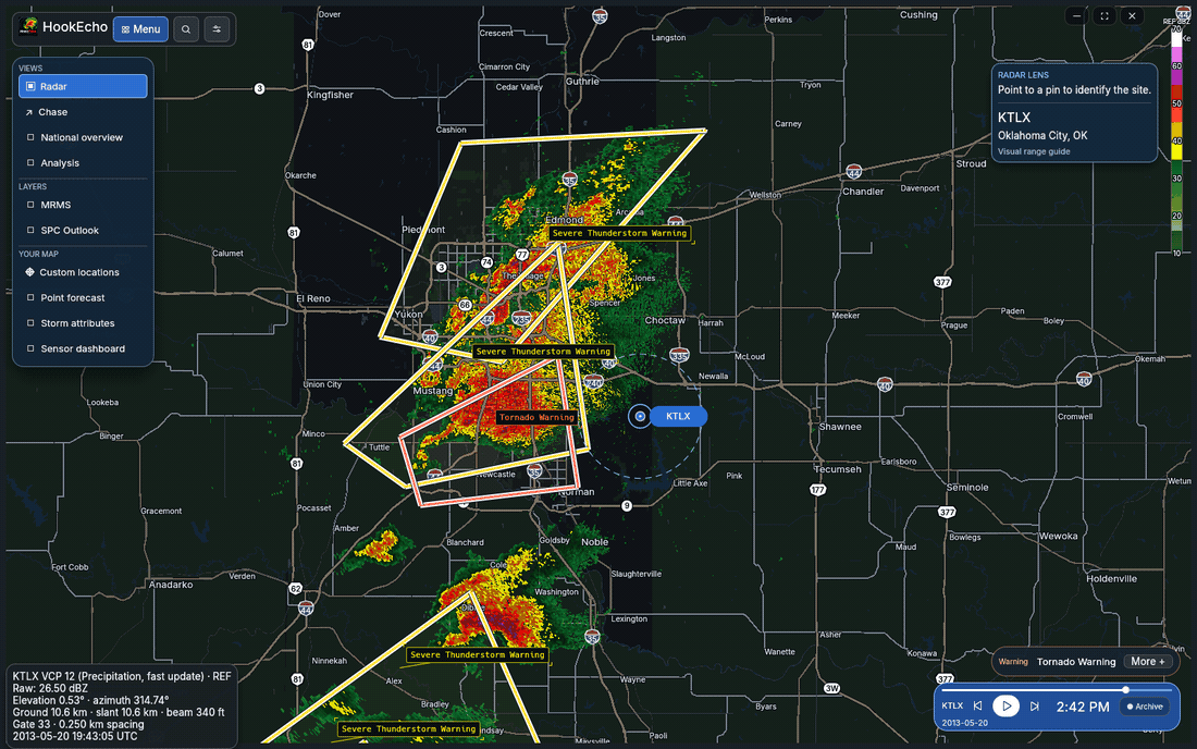 Current HookEcho radar UI replaying the archived Moore, Oklahoma storm; recaptured October 4, 2026