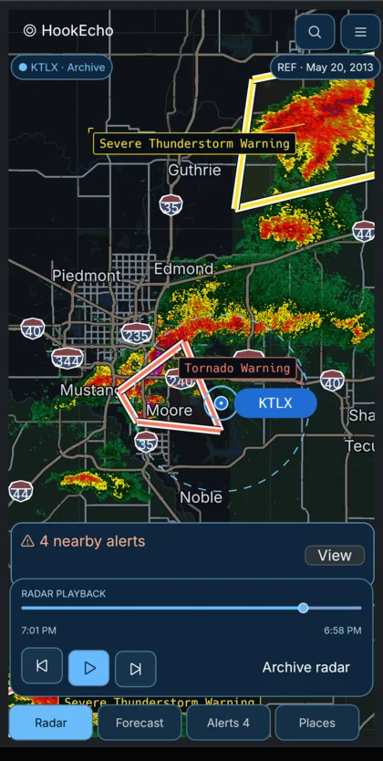 Current HookEcho Android Signal Deck UI following the archived Moore storm